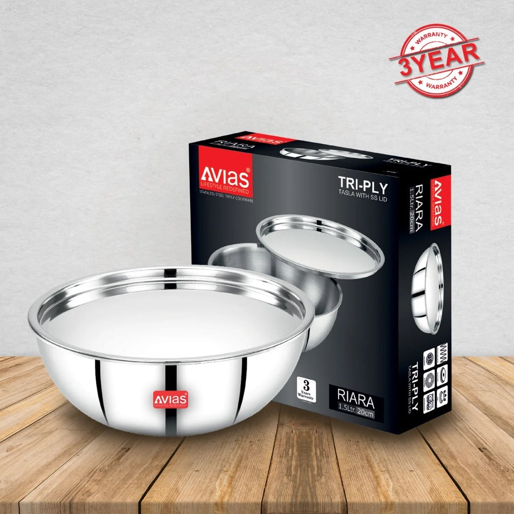 AVIAS Riara Premium Stainless Steel Triply Tasla With Steel Lid | Gas & Induction Compatible | Silver-2