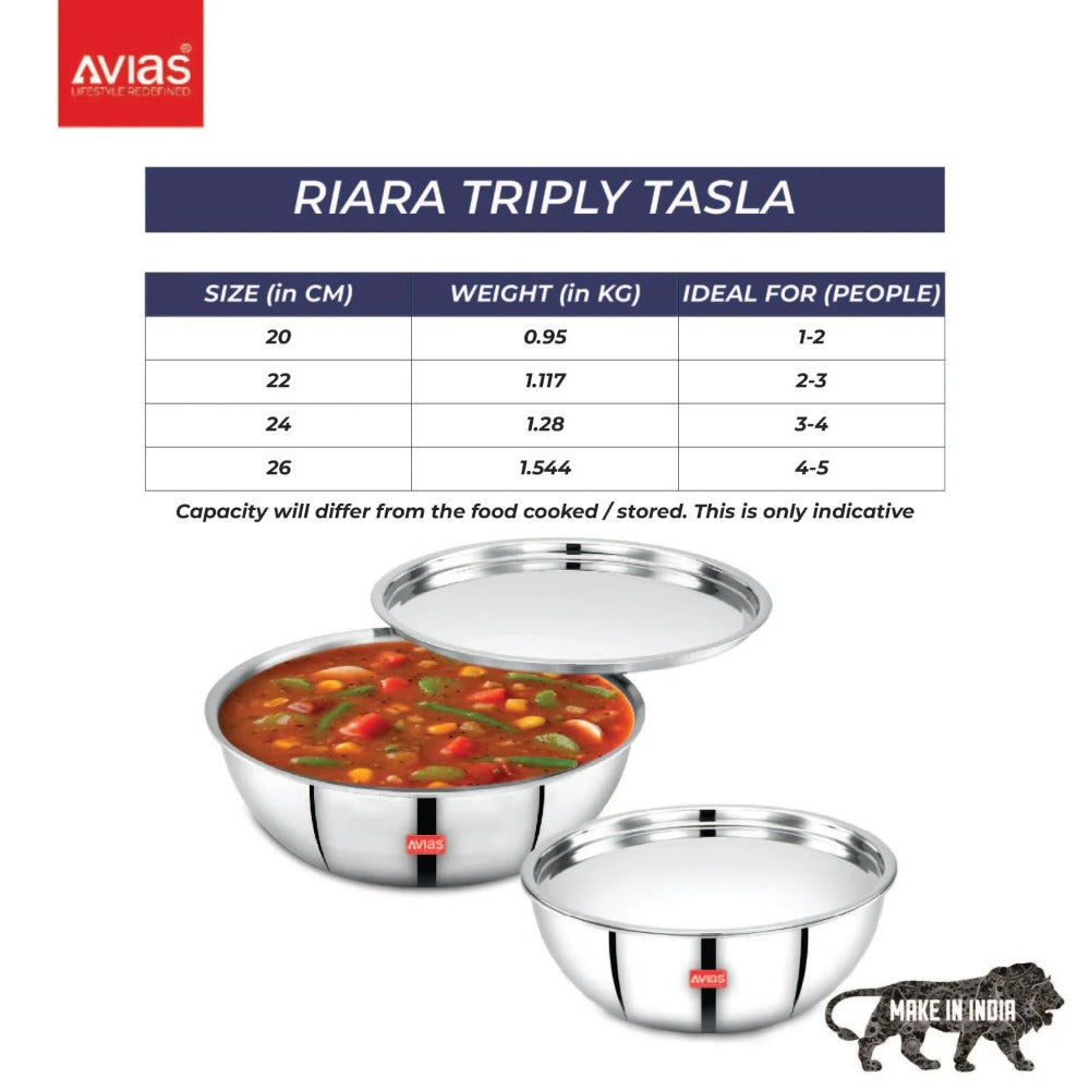 AVIAS Riara Premium Stainless Steel Triply Tasla With Steel Lid | Gas & Induction Compatible | Silver-5