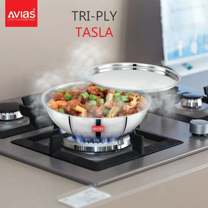 AVIAS Riara Premium Stainless Steel Triply Tasla With Steel Lid | Gas & Induction Compatible | Silver-7