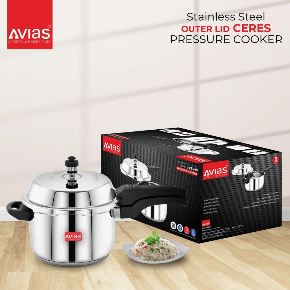 AVIAS Ceres Stainless Steel Premium Outer Lid Pressure Cooker | Gas & Induction Compatible | Silver-3
