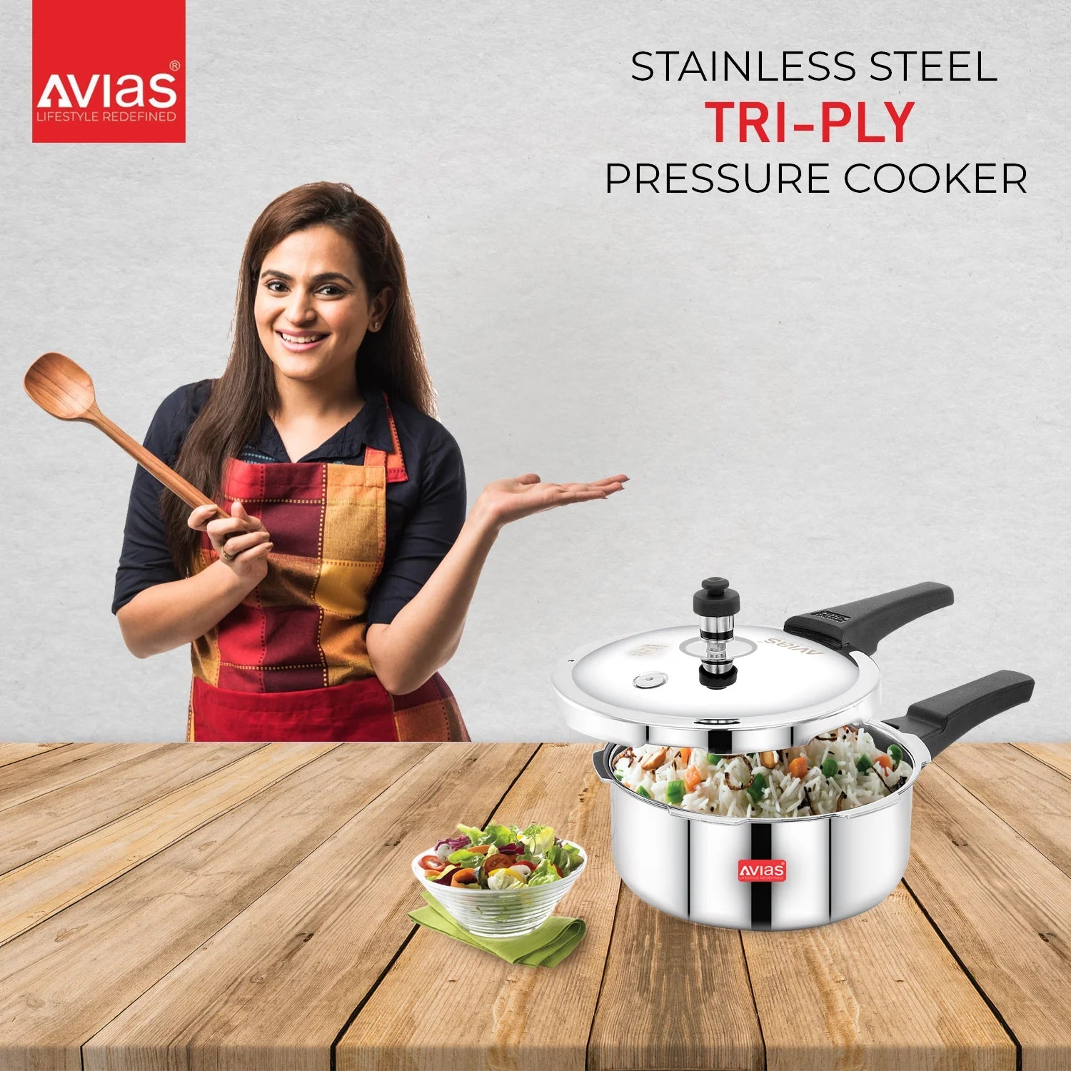AVIAS Riara Premium Stainless Steel Tri-Ply Pressure Cooker With Outer Lid | Gas & Induction Compatible | Silver