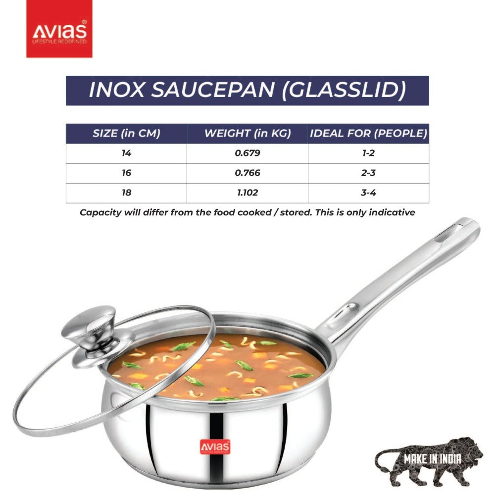 AVIAS Inox IB Stainless Steel Saucepan With Glass Lid | Gas & Induction Compatible | Silver-6