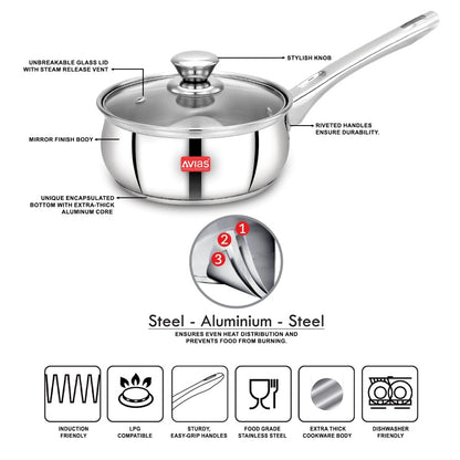 AVIAS Inox IB Stainless Steel Saucepan With Glass Lid | Gas & Induction Compatible | Silver-9