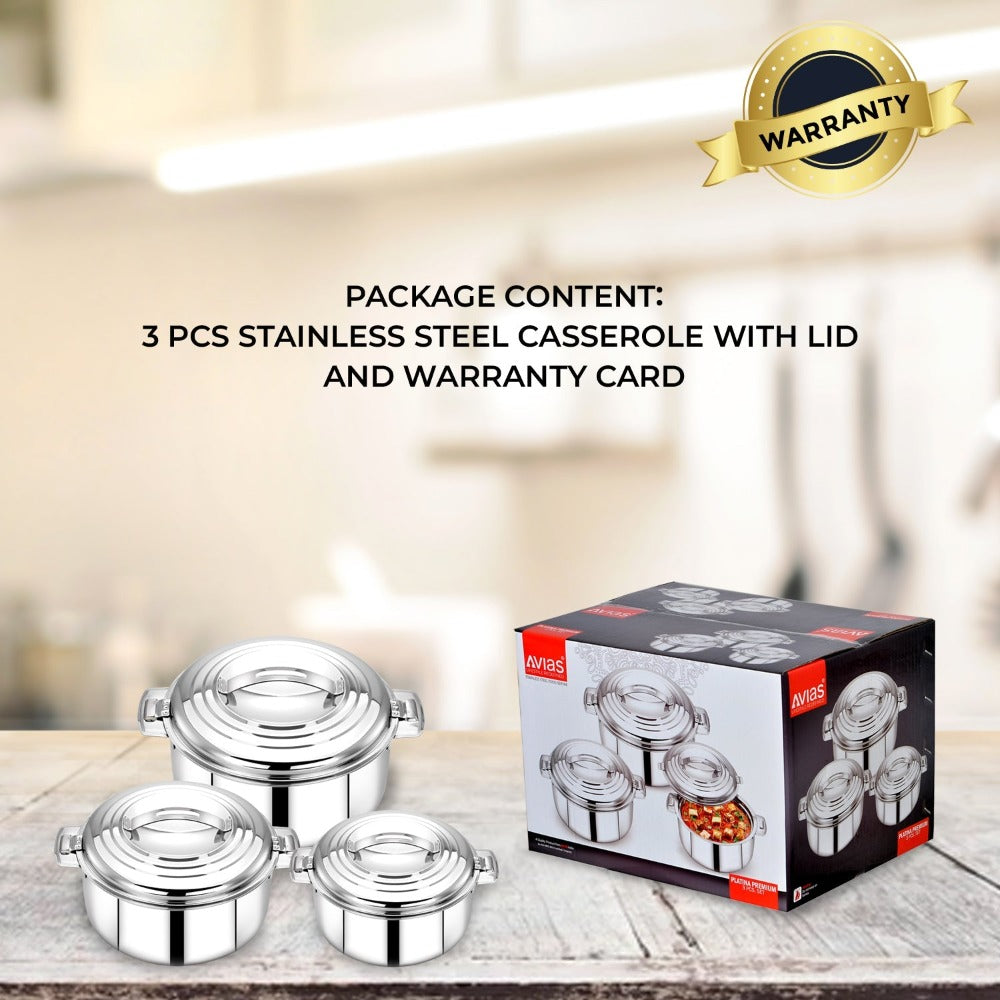 AVIAS Platina Premium Casserole Gift Set 1000 ML + 1500 ML + 2500 ML | Riveted Handles | PUF Insulated | Silver-4