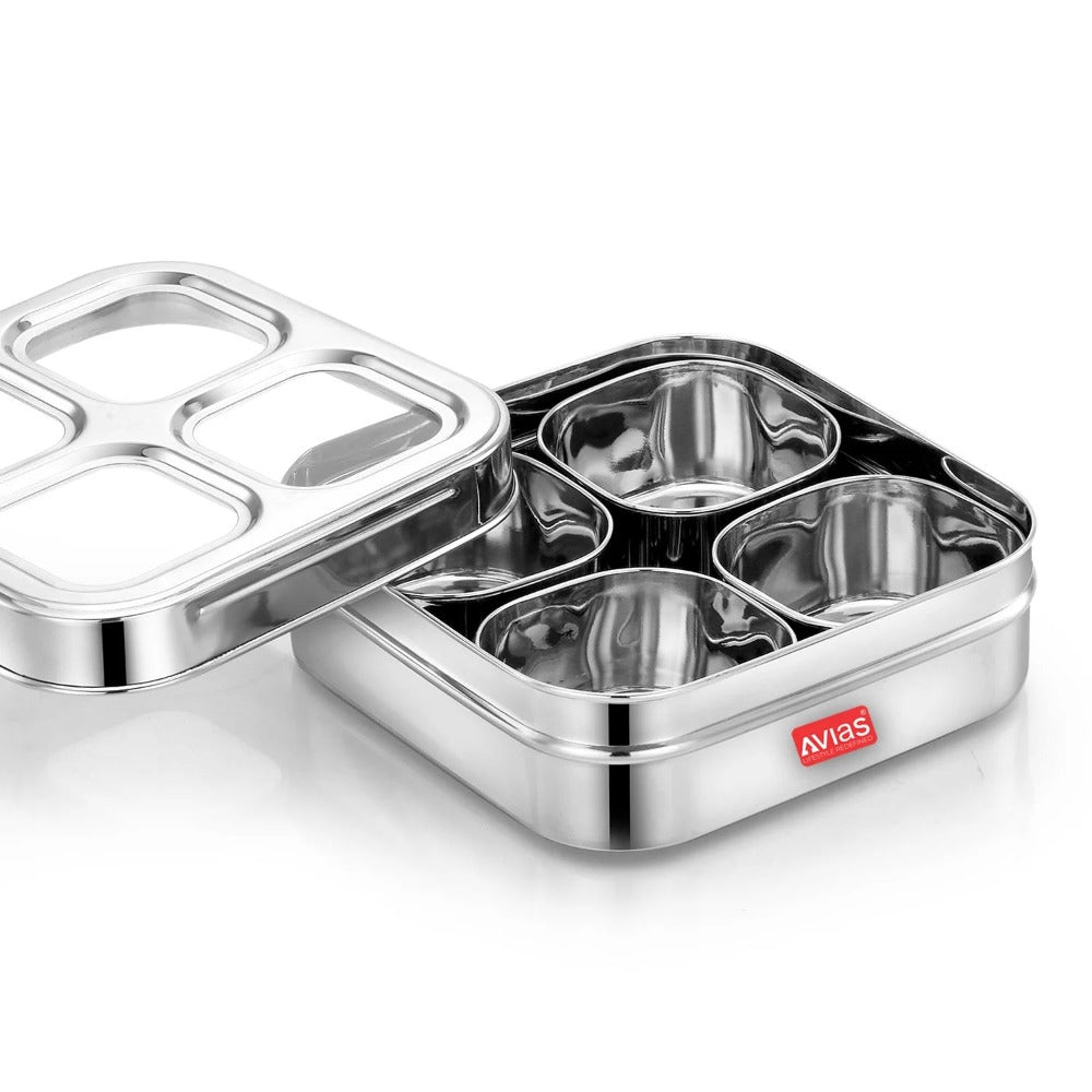 AVIAS 4 Square Stainless Steel Dry Fruit cum Spice box with see-through Lid & Spoon-2