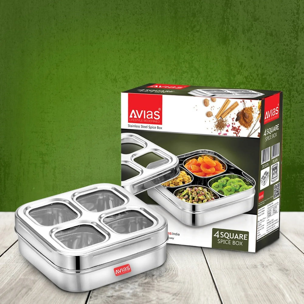 AVIAS 4 Square Stainless Steel Dry Fruit cum Spice box with see-through Lid & Spoon-3
