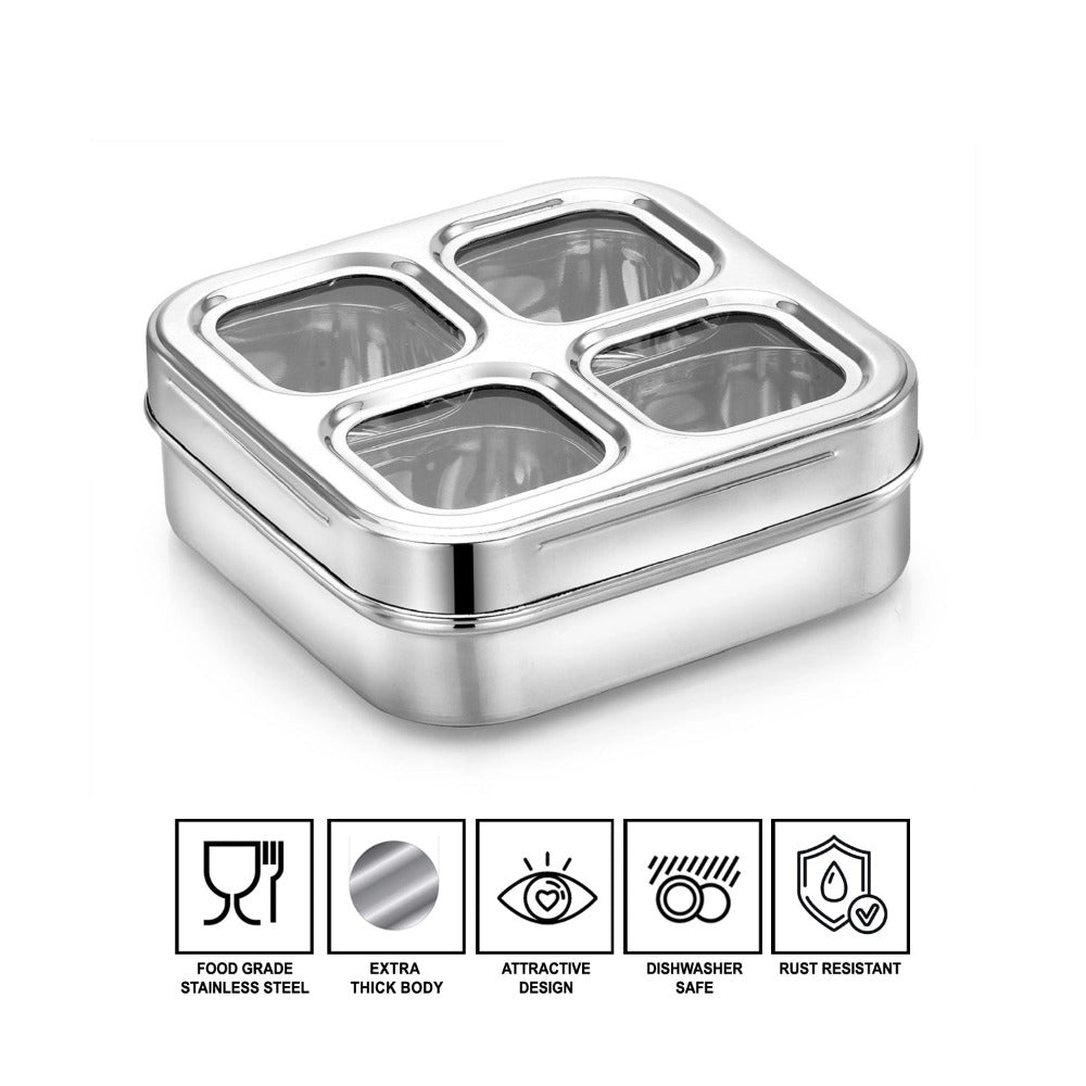 AVIAS 4 Square Stainless Steel Dry Fruit cum Spice box with see-through Lid & Spoon-4