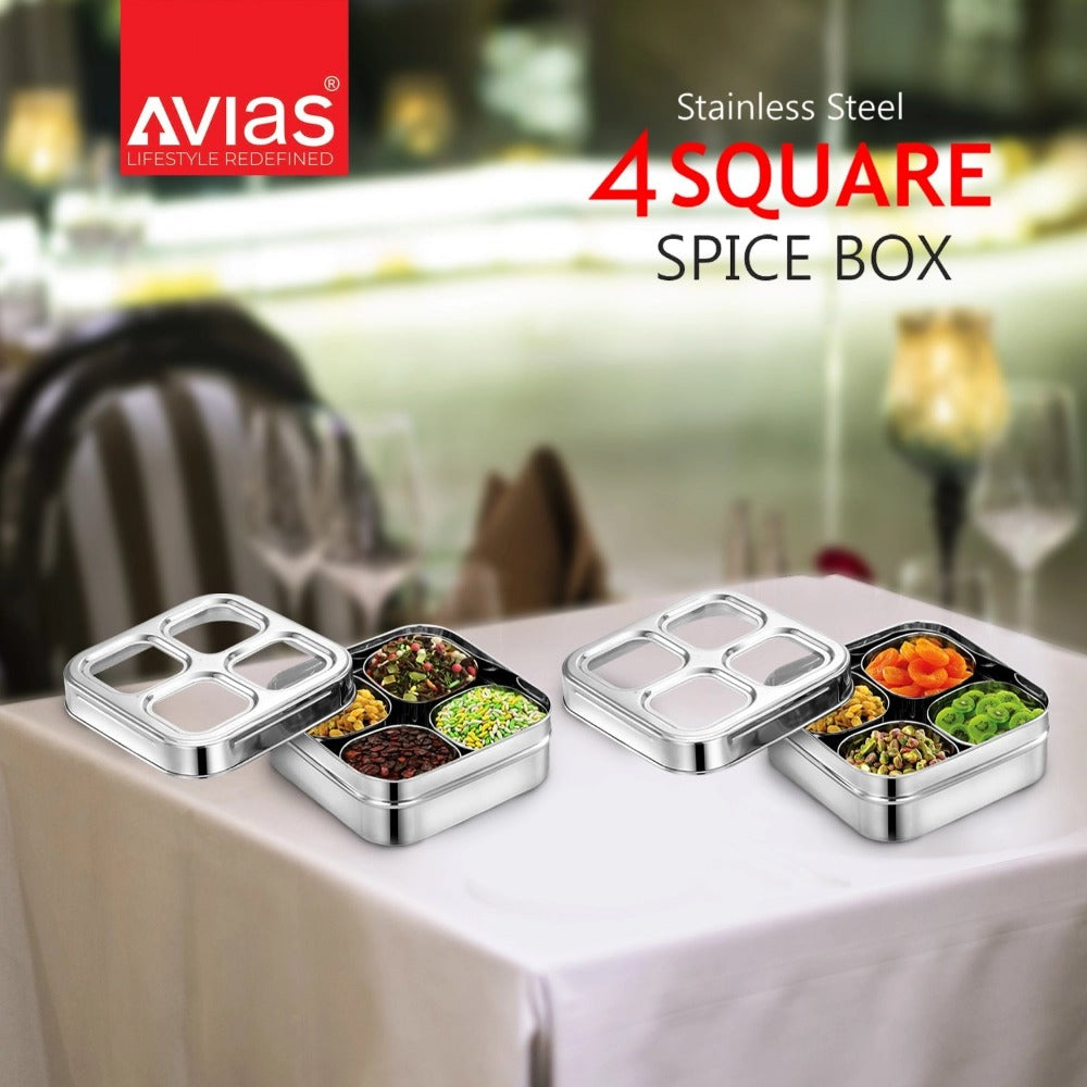 AVIAS 4 Square Stainless Steel Dry Fruit cum Spice box with see-through Lid & Spoon-6