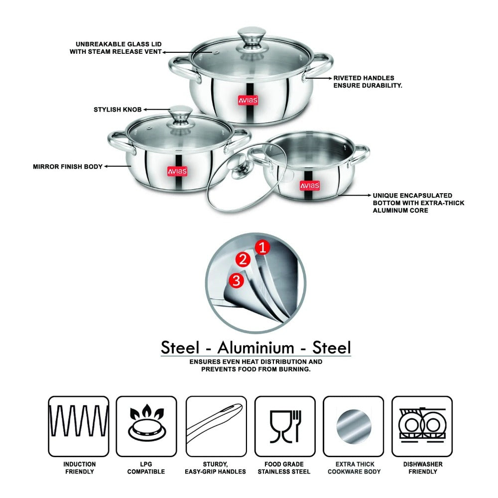 AVIAS Inox IB Stainless Steel Cookpot Set With Glass Lid | Gas & Induction Compatible | Silver-4