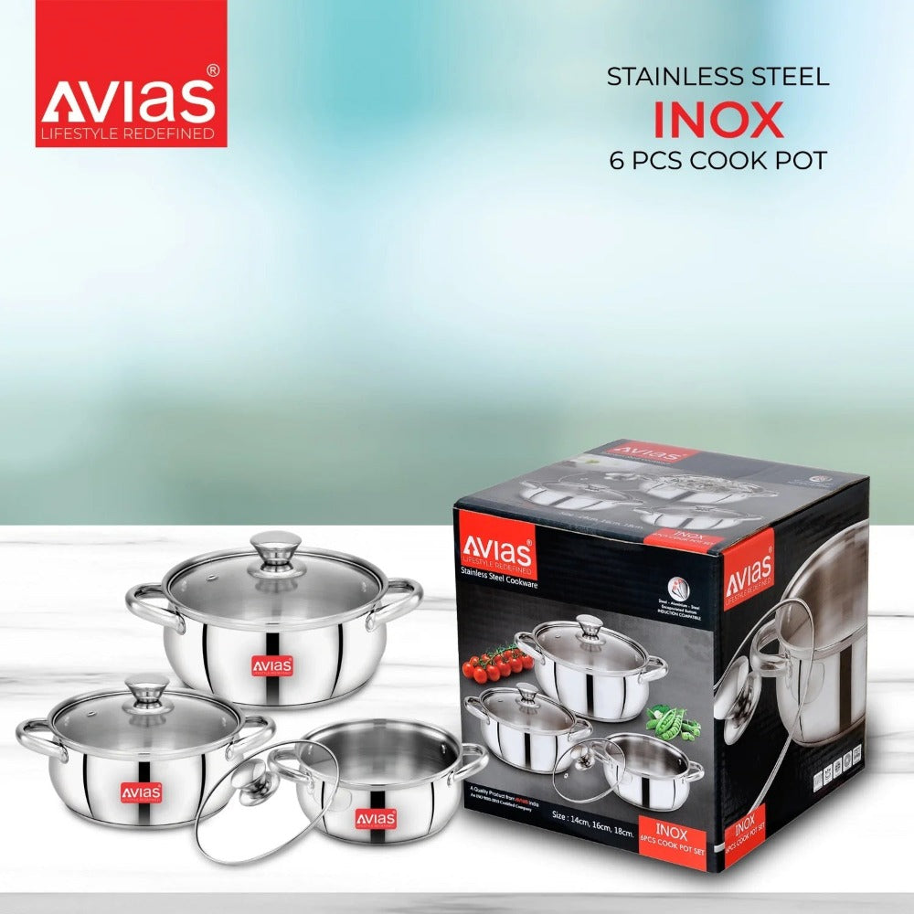 AVIAS Inox IB Stainless Steel Cookpot Set With Glass Lid | Gas & Induction Compatible | Silver-8