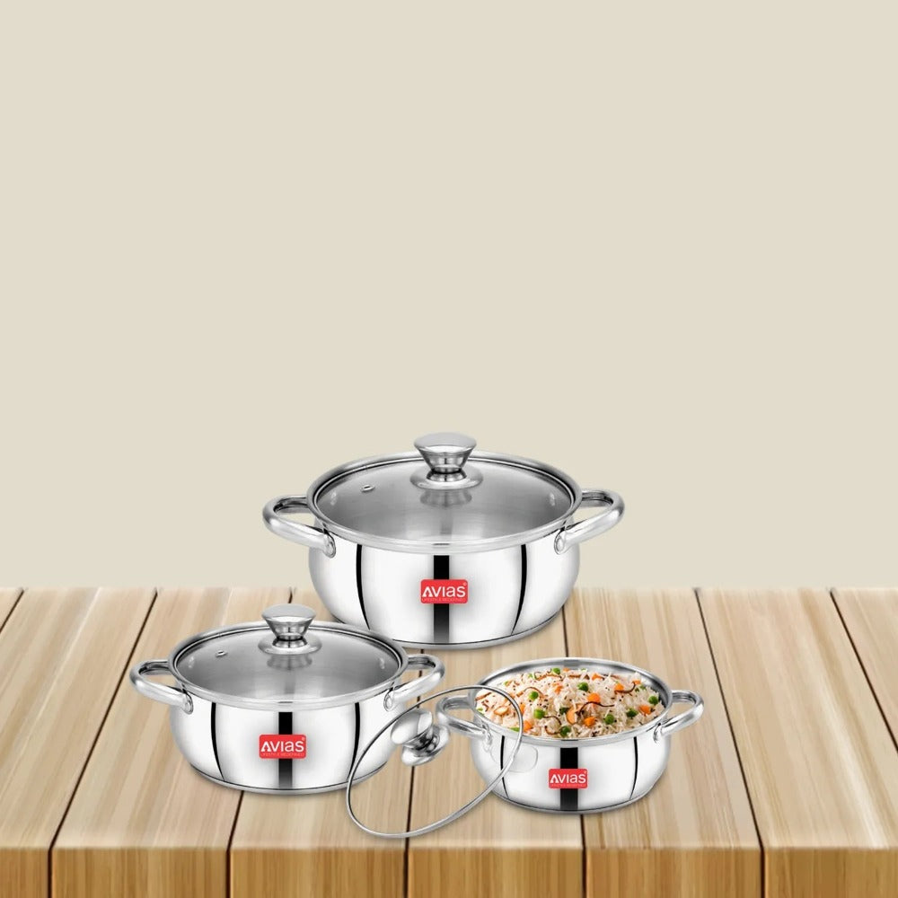 AVIAS Inox IB Stainless Steel Cookpot Set With Glass Lid | Gas & Induction Compatible | Silver-1