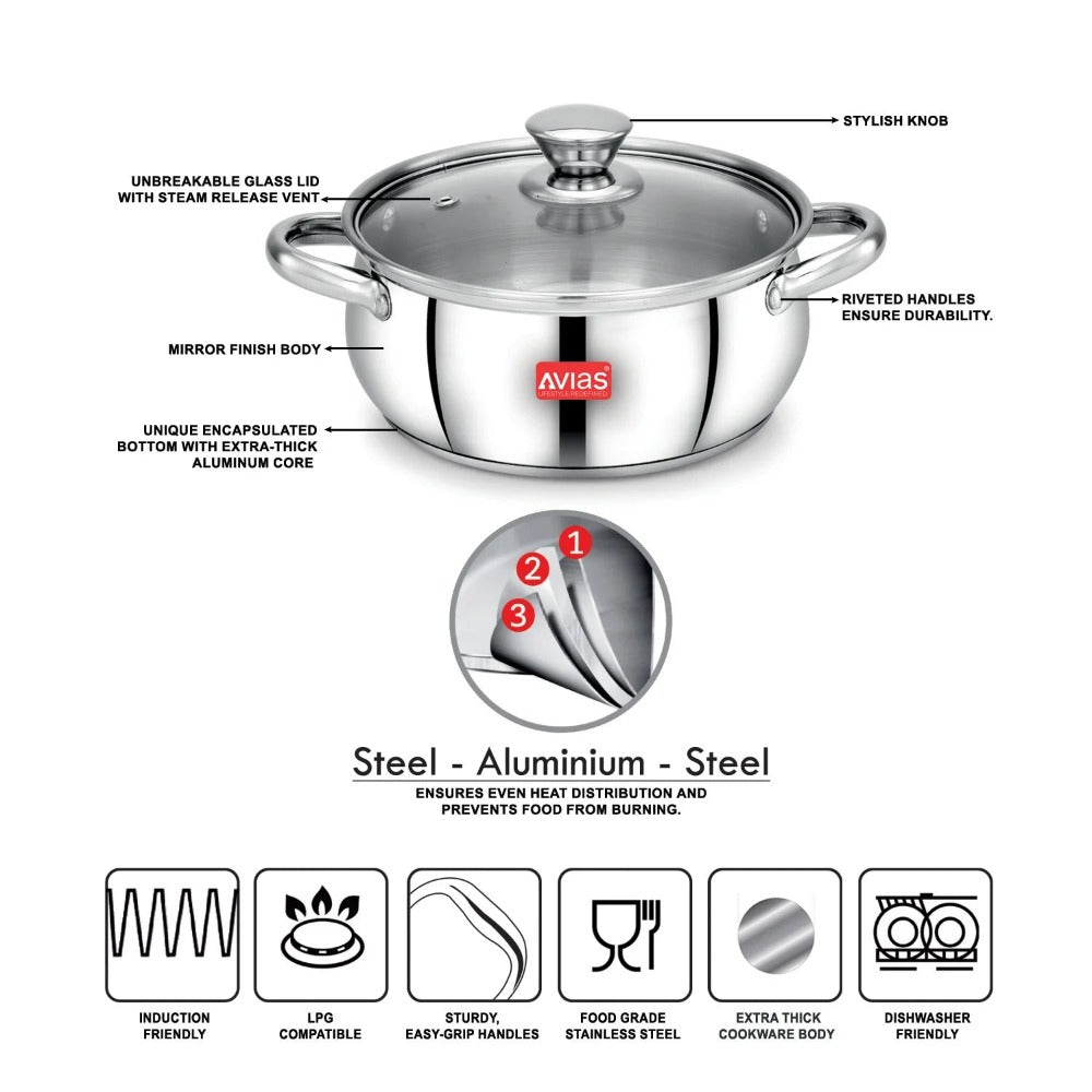 AVIAS Inox IB Stainless Steel Cookpot With Glass Lid | Gas & Induction Compatible | Silver-10