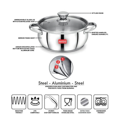 AVIAS Inox IB Stainless Steel Cookpot With Glass Lid | Gas & Induction Compatible | Silver-10