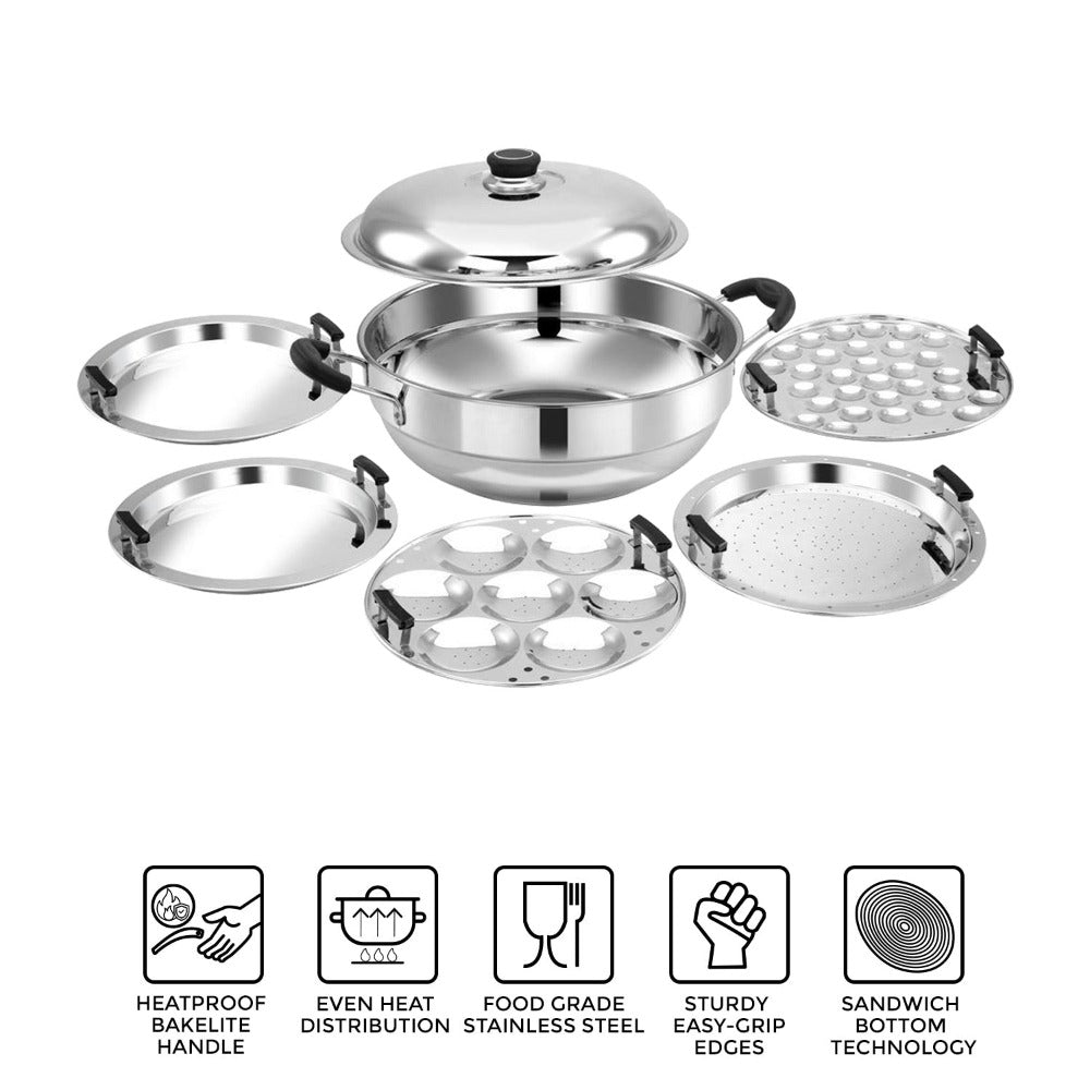 AVIAS All Rounder Multi Kadhai Plus | High Quality And Food-Grade Stainless Steel | Gas & Induction Compatible | Idli with Dhokla Plates-6