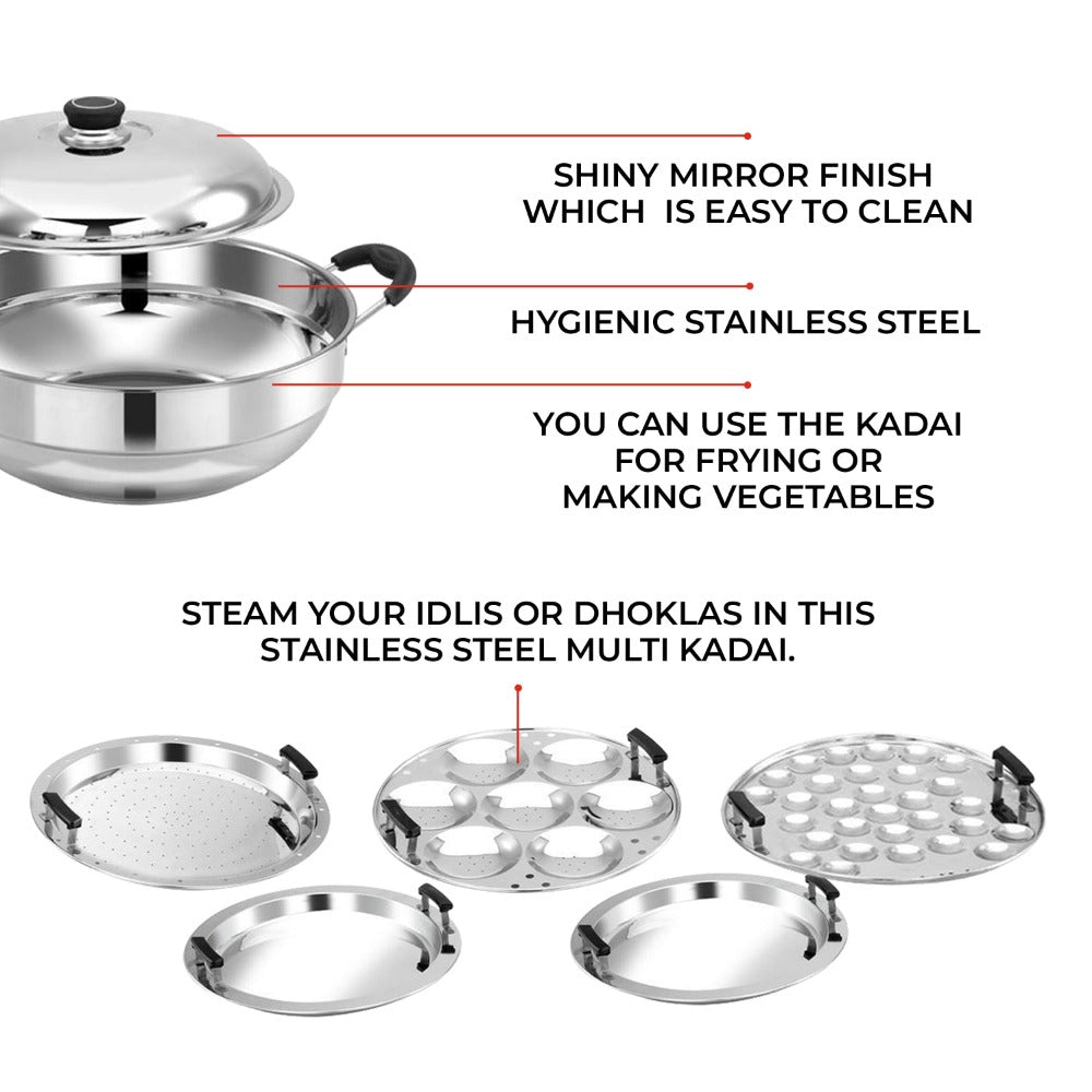 AVIAS All Rounder Multi Kadhai Plus | High Quality And Food-Grade Stainless Steel | Gas & Induction Compatible | Idli with Dhokla Plates-7