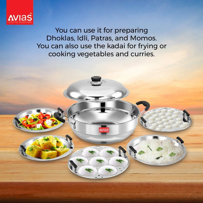 AVIAS All Rounder Multi Kadhai Plus | High Quality And Food-Grade Stainless Steel | Gas & Induction Compatible | Idli with Dhokla Plates-8