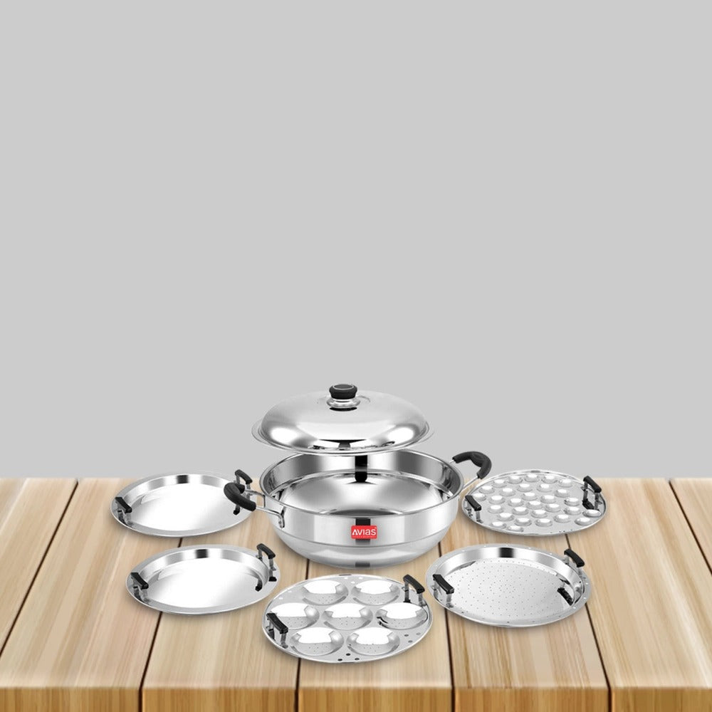 AVIAS All Rounder Multi Kadhai Plus | High Quality And Food-Grade Stainless Steel | Gas & Induction Compatible | Idli with Dhokla Plates-1