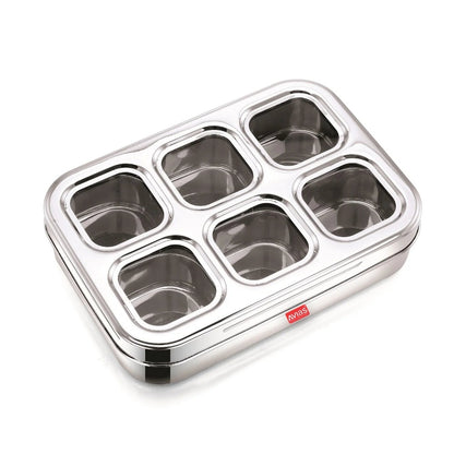 AVIAS Stainless Steel Dry Fruit Cum Spice Box 6 Square Compartments with see-through lid | Silver-2