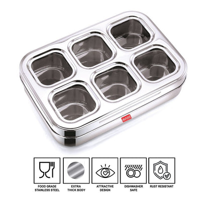 AVIAS Stainless Steel Dry Fruit Cum Spice Box 6 Square Compartments with see-through lid | Silver-3