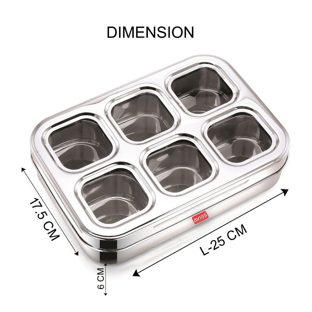 AVIAS Stainless Steel Dry Fruit Cum Spice Box 6 Square Compartments with see-through lid | Silver-4
