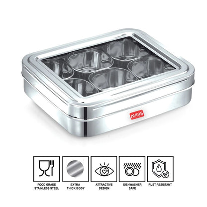 AVIAS Stainless Steel Dry Fruit Cum Spice Box With 6 Square Compartments | Silver-3