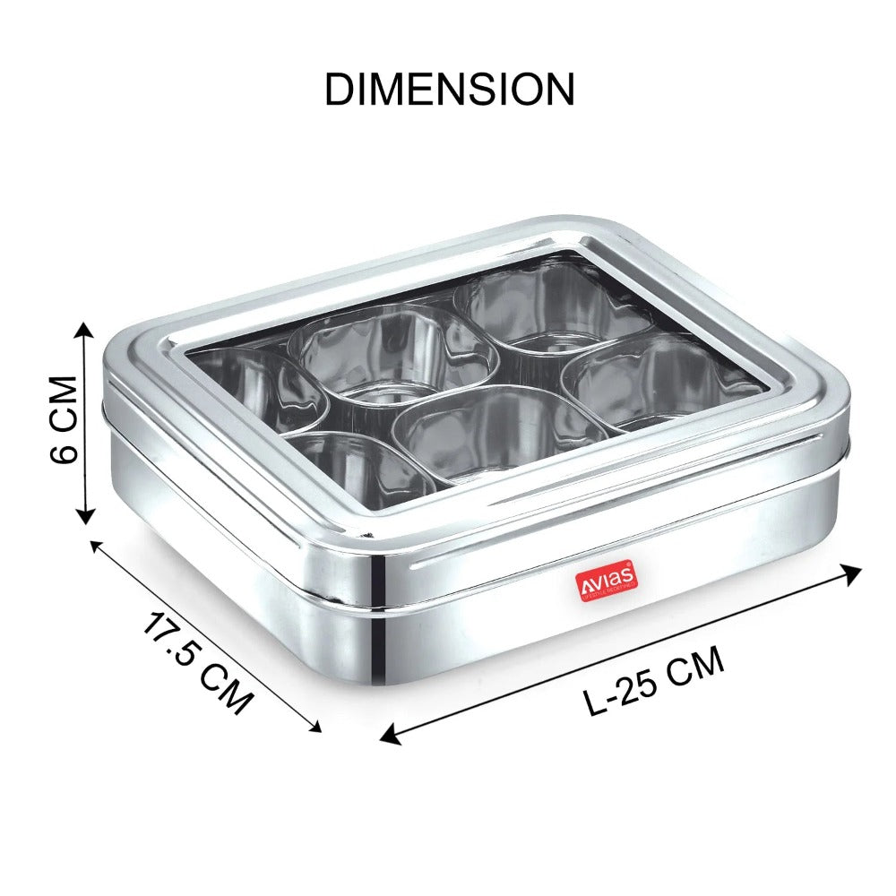 AVIAS Stainless Steel Dry Fruit Cum Spice Box With 6 Square Compartments | Silver-4
