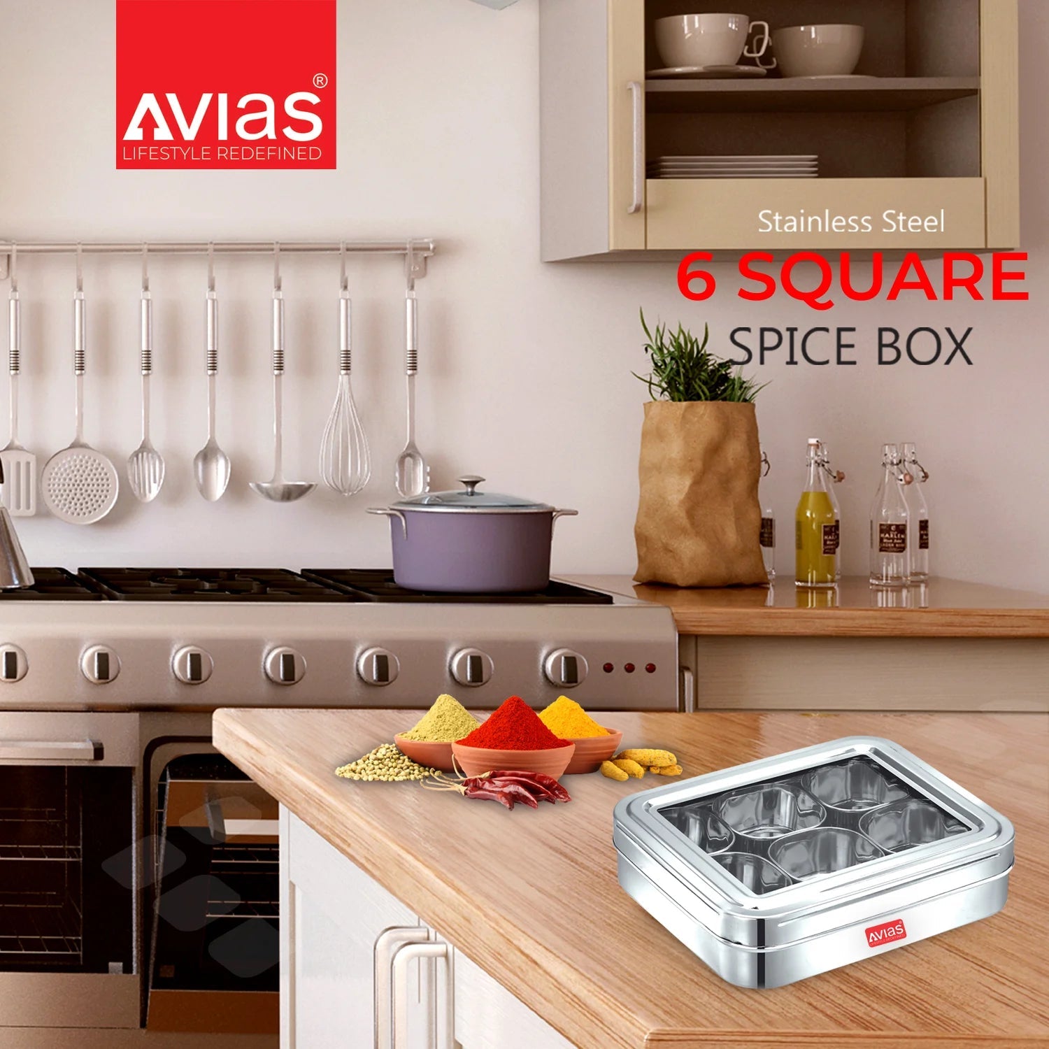 AVIAS Stainless Steel Dry Fruit Cum Spice Box With 6 Square Compartments | Silver-5