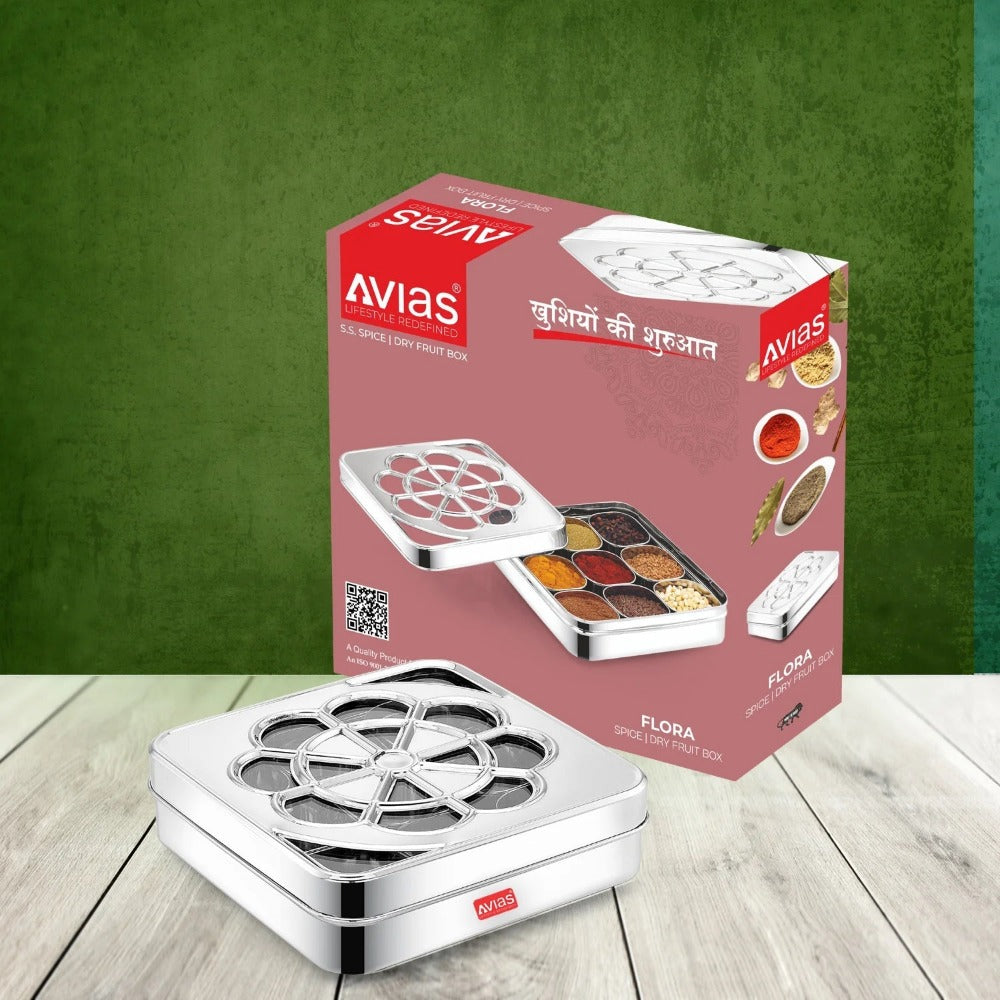 AVIAS Flora 9 Square Dryfruit Cum Spice Box with Stainless Steel see through lid & Spoon | 1 Pc