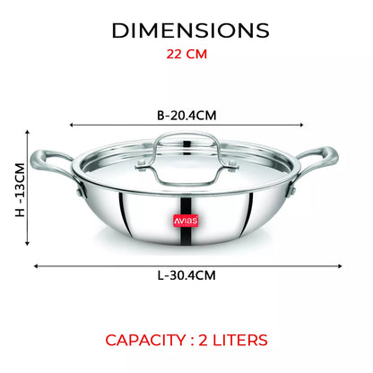 AVIAS Stainless steel Tri-Ply Riara (Kadai 22cm + Frypan 22cm) | Induction Compatible | Silver -9