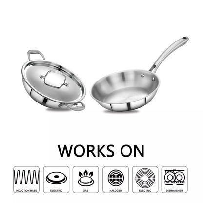 AVIAS Stainless steel Tri-Ply Riara (Kadai 22cm + Frypan 22cm) | Induction Compatible | Silver -4