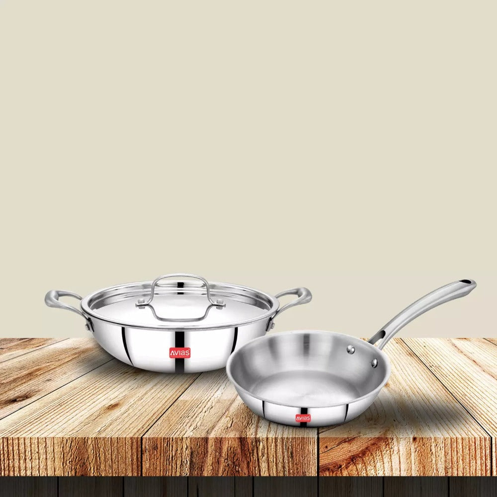 AVIAS Stainless steel Tri-Ply Riara (Kadai 22cm + Frypan 22cm) | Induction Compatible | Silver 