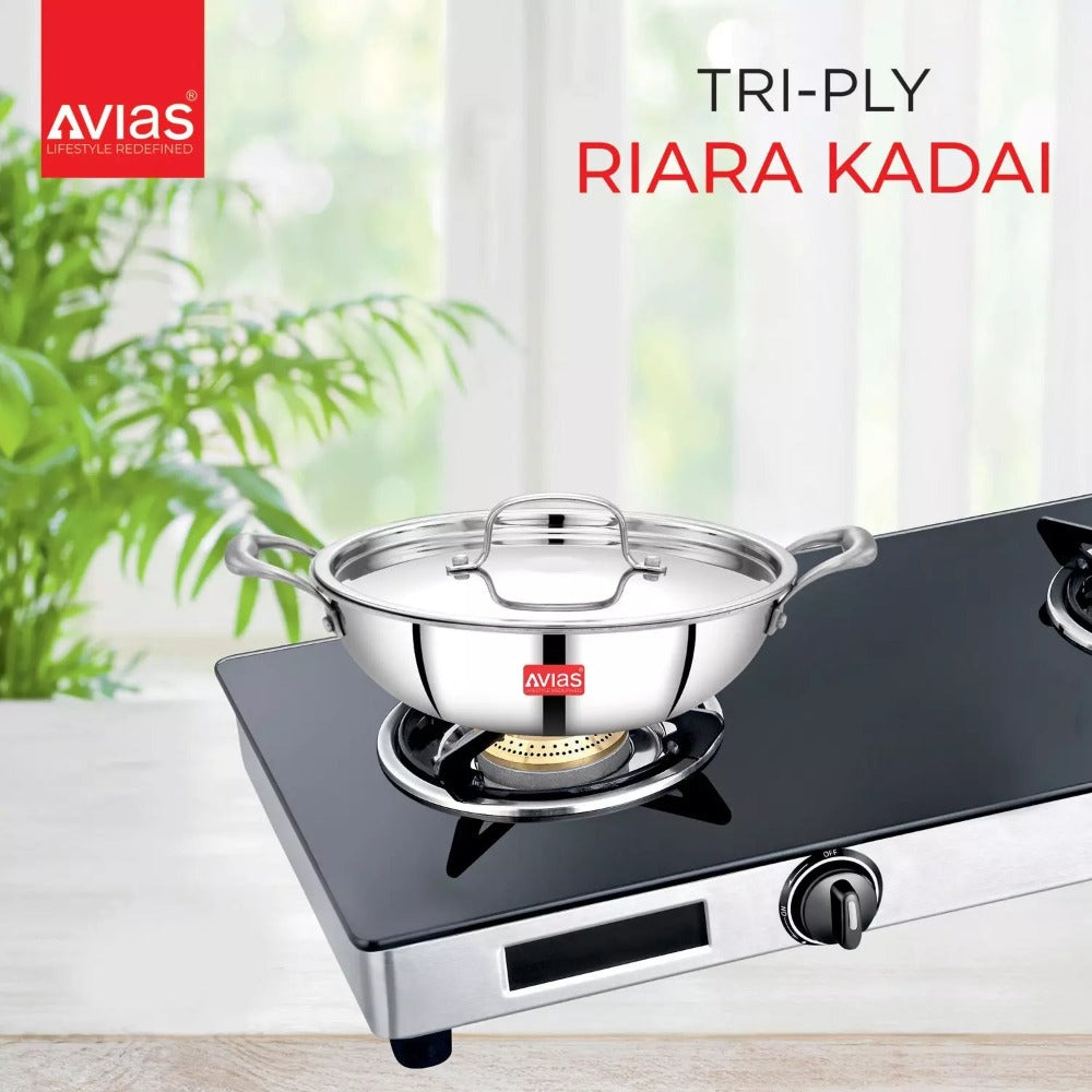 AVIAS Stainless steel Tri-Ply Riara (Kadai 22cm + Frypan 22cm + Saucepan 14cm) | Induction Compatible | Silver-3