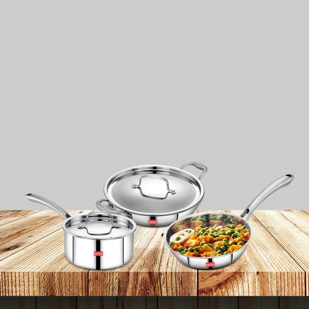 AVIAS Stainless steel Tri-Ply Riara (Kadai 22cm + Frypan 22cm + Saucepan 14cm) | Induction Compatible | Silver-1