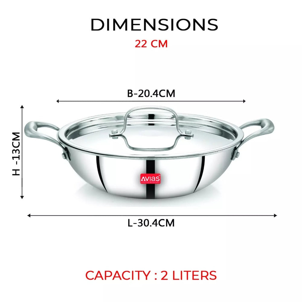 AVIAS Stainless steel Tri-Ply Riara (Kadai 22cm + Frypan 22cm + Saucepan 14cm) | Induction Compatible | Silver-7