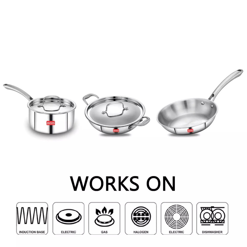 AVIAS Stainless steel Tri-Ply Riara (Kadai 22cm + Frypan 22cm + Saucepan 14cm) | Induction Compatible | Silver-10