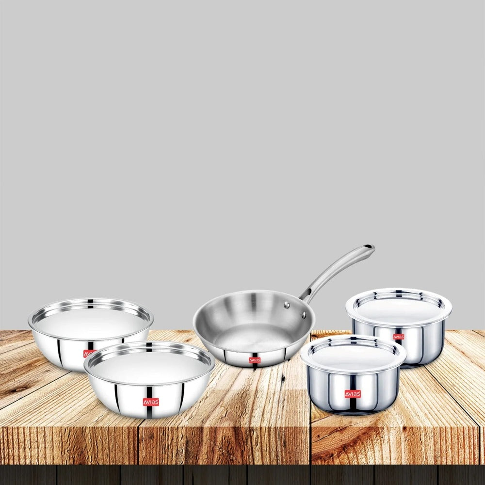 AVIAS Stainless steel Tri-Ply Riara (Tasla 20cm + Tasla 22cm + Frypan 22cm + Tope 14cm + Tope 16cm) | Induction Compatible | Silver-1