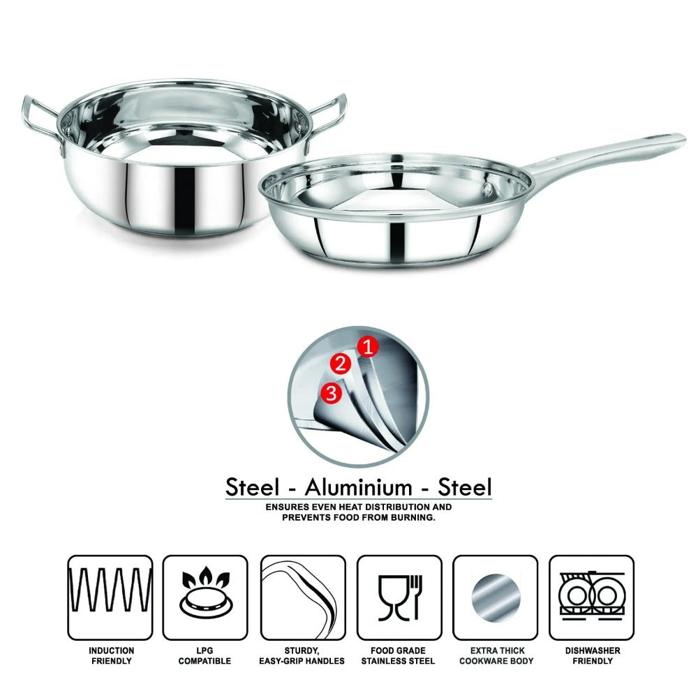 AVIAS Inox Stainless Steel (Frypan 22 cm + Kadai 22 cm) | Induction Compatible | Silver-2