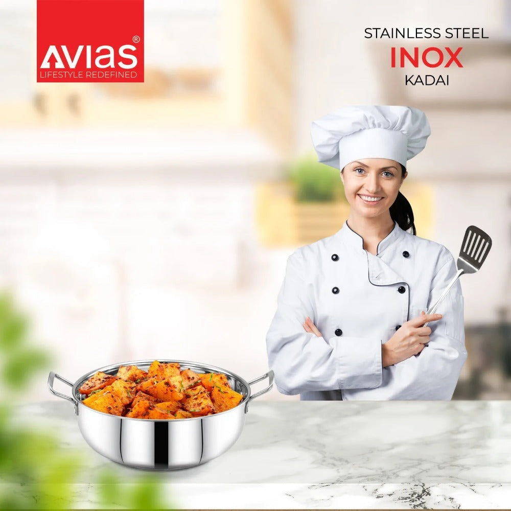 AVIAS Inox Stainless Steel (Frypan 22 cm + Kadai 22 cm) | Induction Compatible | Silver-7