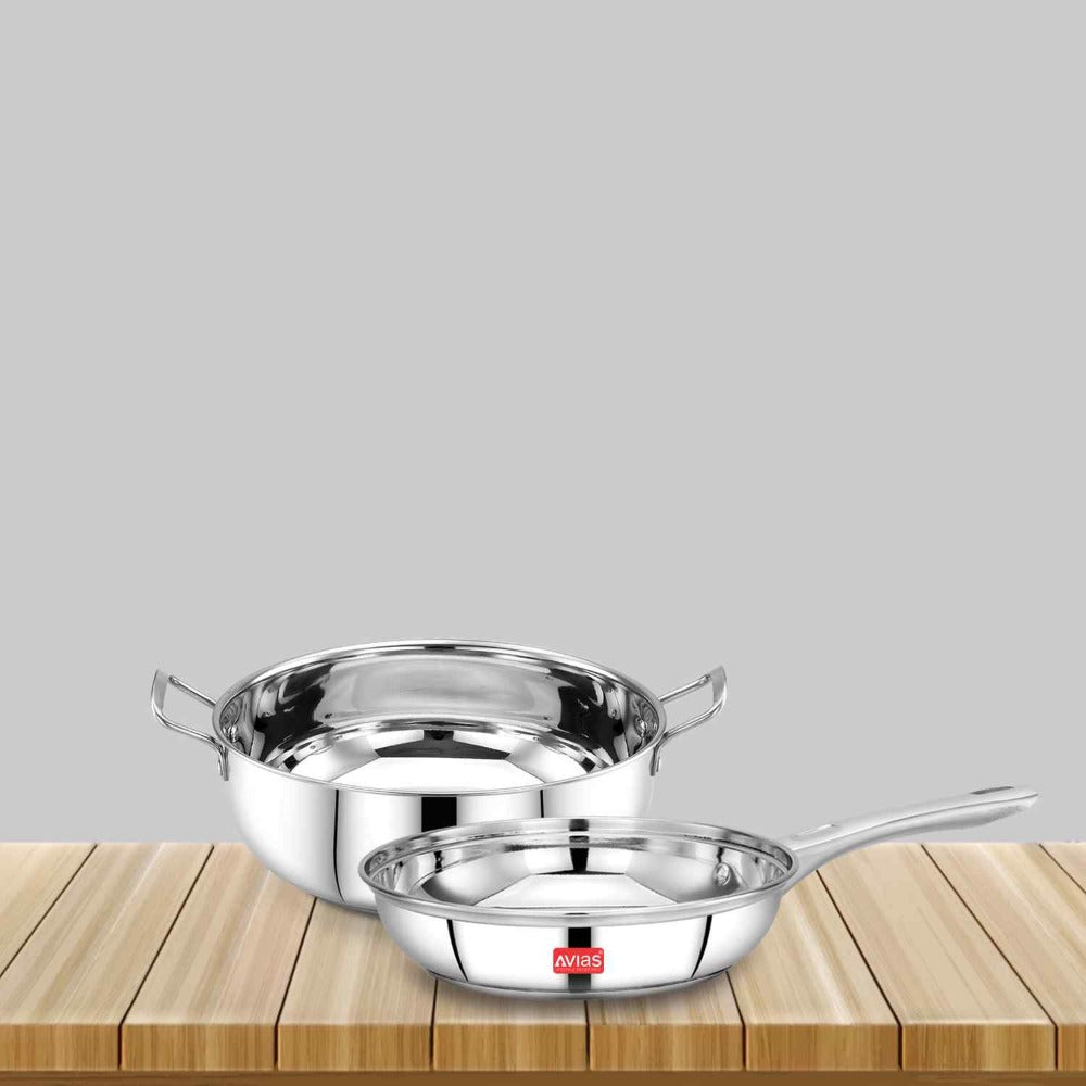 AVIAS Inox Stainless Steel (Frypan 22 cm + Kadai 22 cm) | Induction Compatible | Silver-1