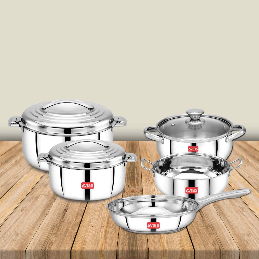 AVIAS Platinox Stainless Steel Set (Belly 18cm + Kadhai 22cm + Frypan 22cm + Casserole 1000ML + 1500ML) | Induction Compatible | Silver-2