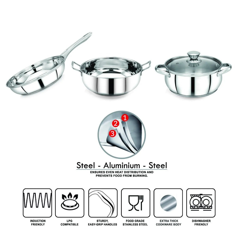 AVIAS Platinox Stainless Steel Set (Belly 18cm + Kadhai 22cm + Frypan 22cm + Casserole 1000ML + 1500ML) | Induction Compatible | Silver-3
