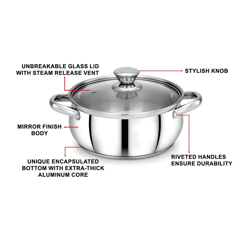 AVIAS Platinox Stainless Steel Set (Belly 18cm + Kadhai 22cm + Frypan 22cm + Casserole 1000ML + 1500ML) | Induction Compatible | Silver-5