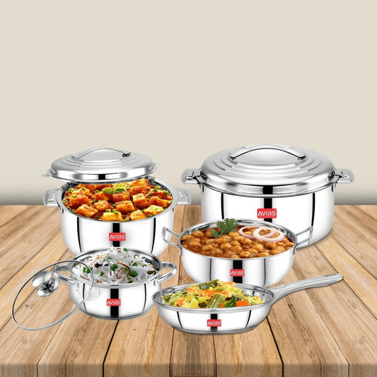 AVIAS Platinox Stainless Steel Set (Belly 18cm + Kadhai 22cm + Frypan 22cm + Casserole 1000ML + 1500ML) | Induction Compatible | Silver-1