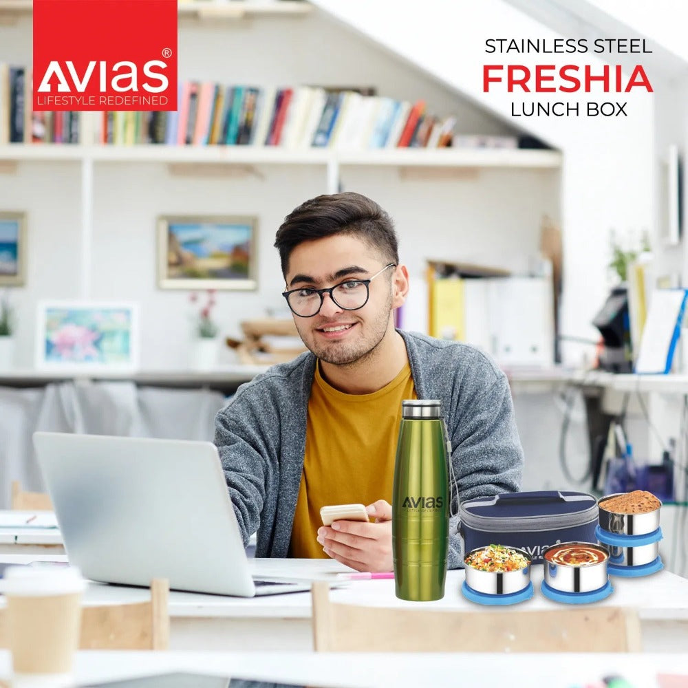 AVIAS Office Freshia H4 Tiffin with 4 Container + Premia Stainless Steel 100 ML Bottel | Insulated Jacket-7