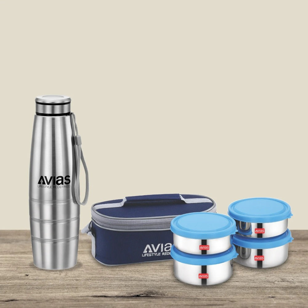 AVIAS Office Freshia H4 Tiffin with 4 Container + Premia Stainless Steel 100 ML Bottel | Insulated Jacket-1