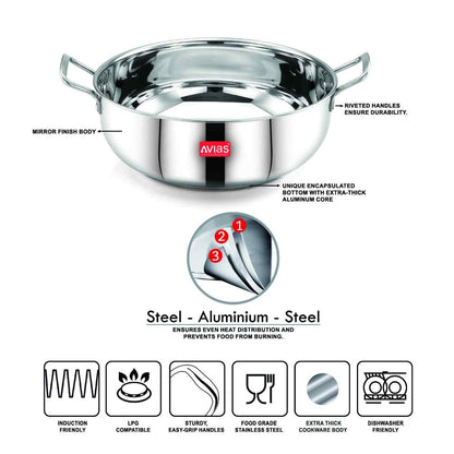 AVIAS Inox IB Stainless Steel Kadhai | Gas & Induction Compatible | Silver-2