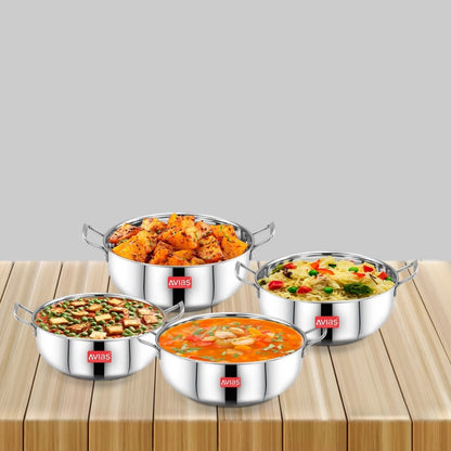 AVIAS Inox IB Stainless Steel Kadhai | Gas & Induction Compatible | Silver | Set of 4 Pcs