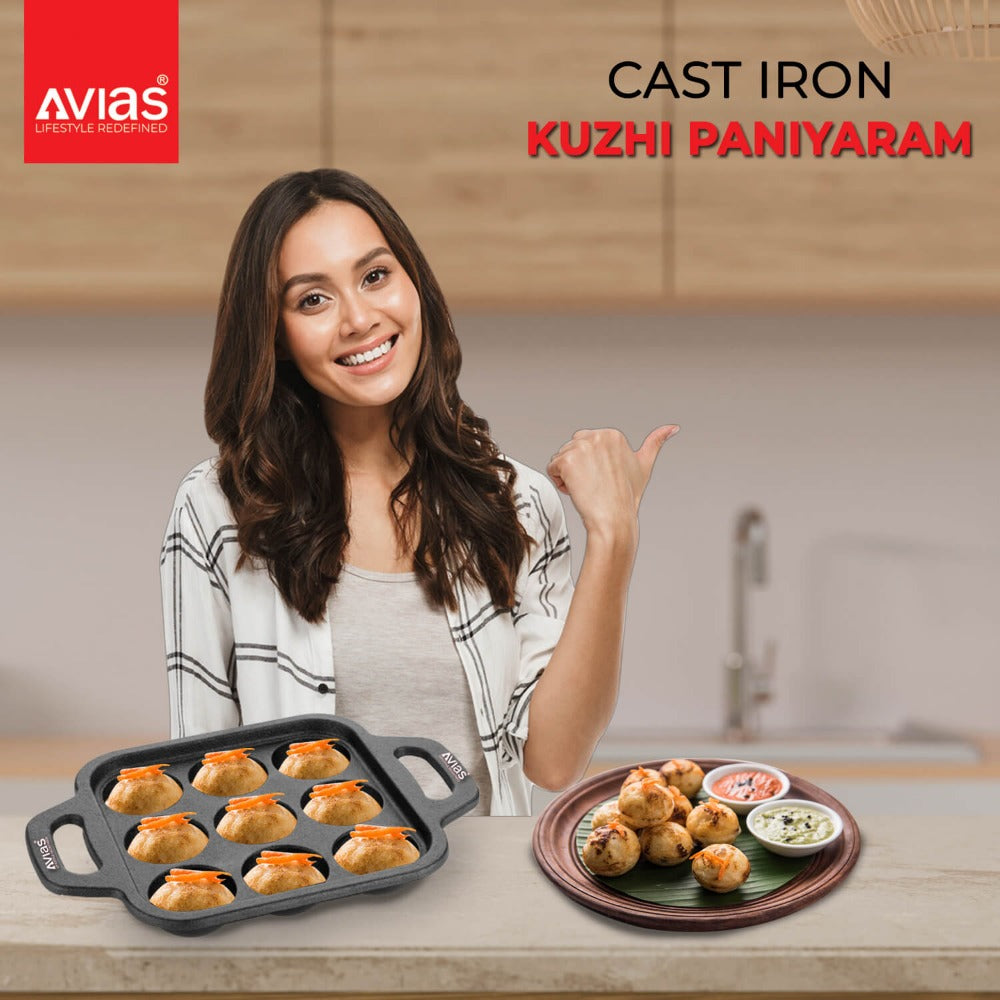 AVIAS Cast Iron Cavity Kuzhi Paniyaram Pan | 9 Cups | Black-6