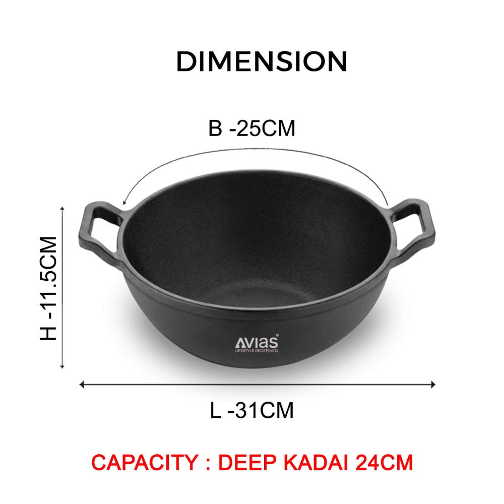 AVIAS Cast Iron Deep Kadai | Gas & Induction Compatible | Silver-5
