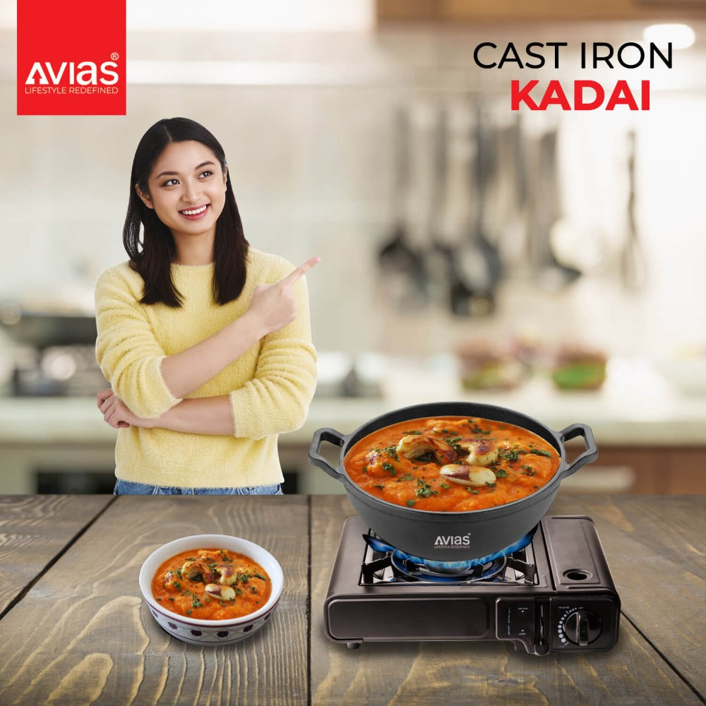 AVIAS Cast Iron Deep Kadai | Gas & Induction Compatible | Silver-6